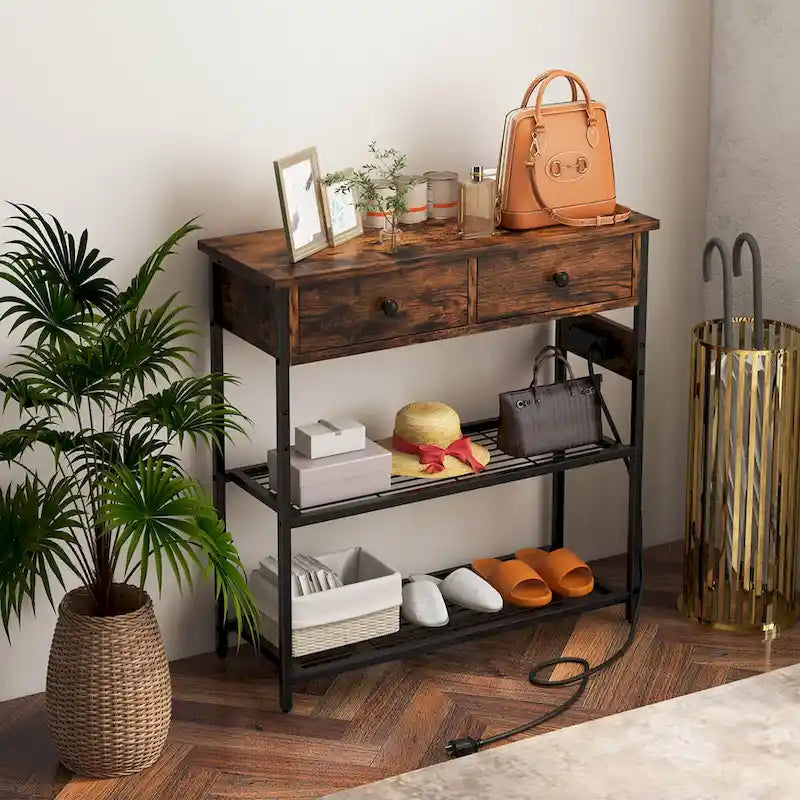 Console étroite Chêne Marron / Gris – 2 tiroirs, station de recharge, pour 1 personne