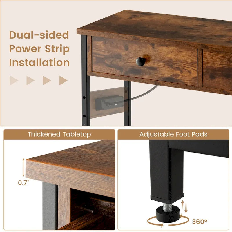 Console étroite Chêne Marron / Gris – 2 tiroirs, station de recharge, pour 1 personne