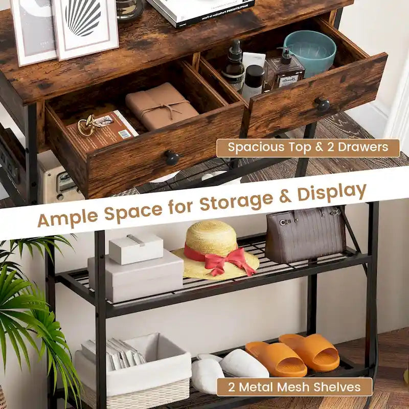 Console étroite Chêne Marron / Gris – 2 tiroirs, station de recharge, pour 1 personne