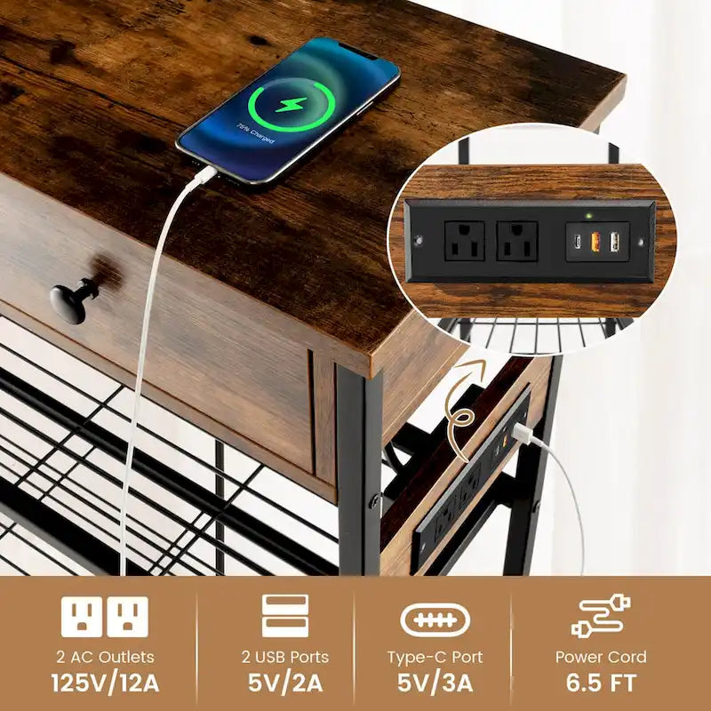 Console étroite Chêne Marron / Gris – 2 tiroirs, station de recharge, pour 1 personne