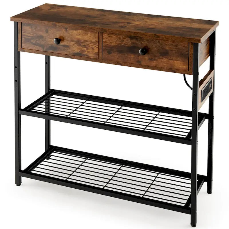 Console étroite Chêne Marron / Gris – 2 tiroirs, station de recharge, pour 1 personne