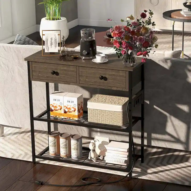 Console étroite Chêne Marron / Gris – 2 tiroirs, station de recharge, pour 1 personne