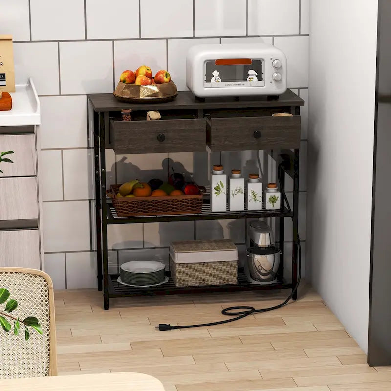 Console étroite Chêne Marron / Gris – 2 tiroirs, station de recharge, pour 1 personne