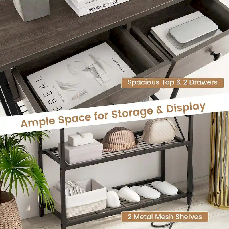 Console étroite Chêne Marron / Gris – 2 tiroirs, station de recharge, pour 1 personne