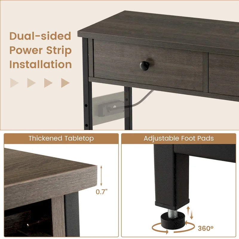 Console étroite Chêne Marron / Gris – 2 tiroirs, station de recharge, pour 1 personne