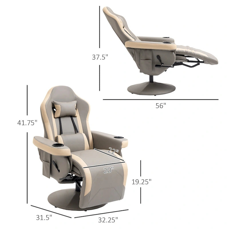 Fauteuil inclinable manuel en cuir synthétique gris, 1 place, pivotant à 360°