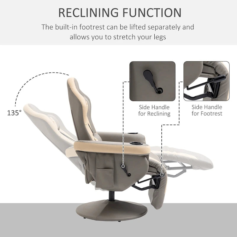 Fauteuil inclinable manuel en cuir synthétique gris, 1 place, pivotant à 360°