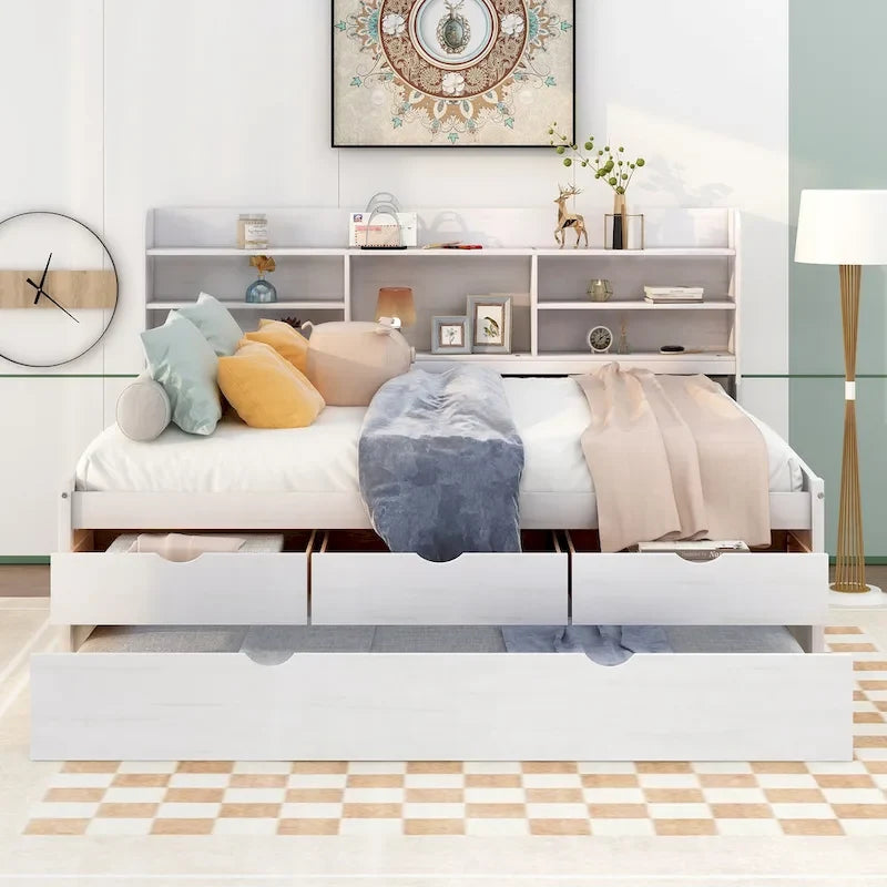 Lit double capitaine avec tête de lit bibliothèque, 3 tiroirs et lit gigogne – Pour 1 à 2 personnes