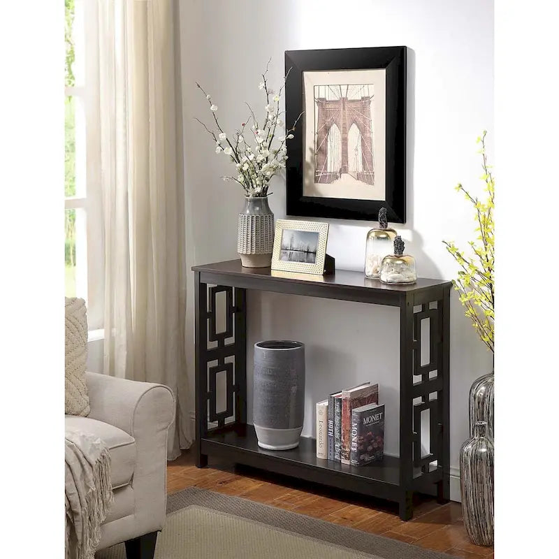 Table console avec étagère, 2 niveaux, montage par 1 personne, couleur expresso/blanc/noir