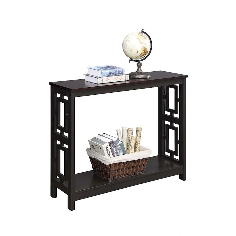 Table console avec étagère, 2 niveaux, montage par 1 personne, couleur expresso/blanc/noir