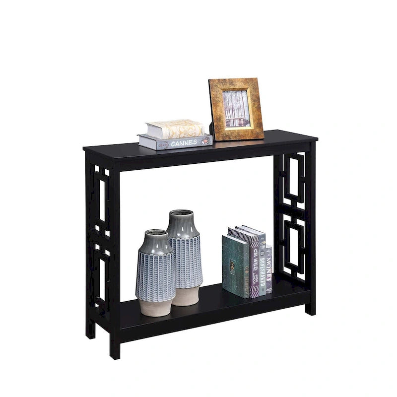 Table console avec étagère, 2 niveaux, montage par 1 personne, couleur expresso/blanc/noir