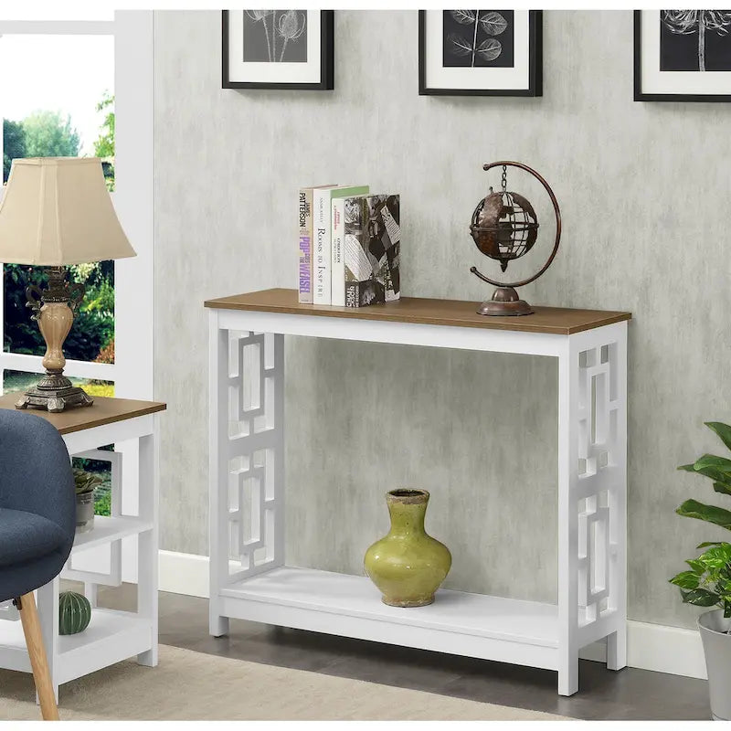 Table console avec étagère, 2 niveaux, montage par 1 personne, couleur expresso/blanc/noir