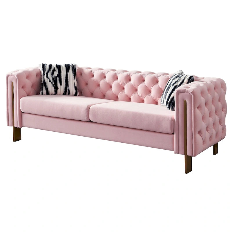 Canapé capitonné en velours rose / noir / vert / beige | Pieds dorés | 3 places