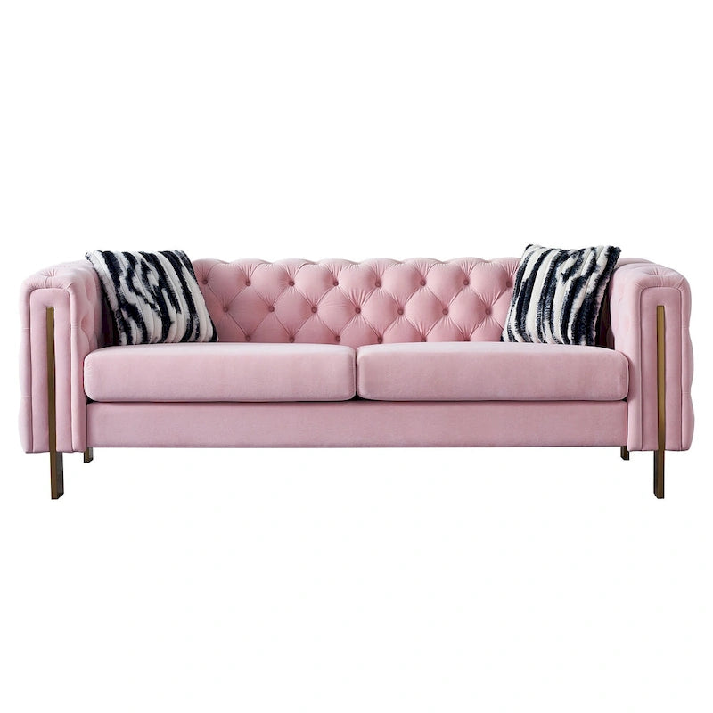 Canapé capitonné en velours rose / noir / vert / beige | Pieds dorés | 3 places