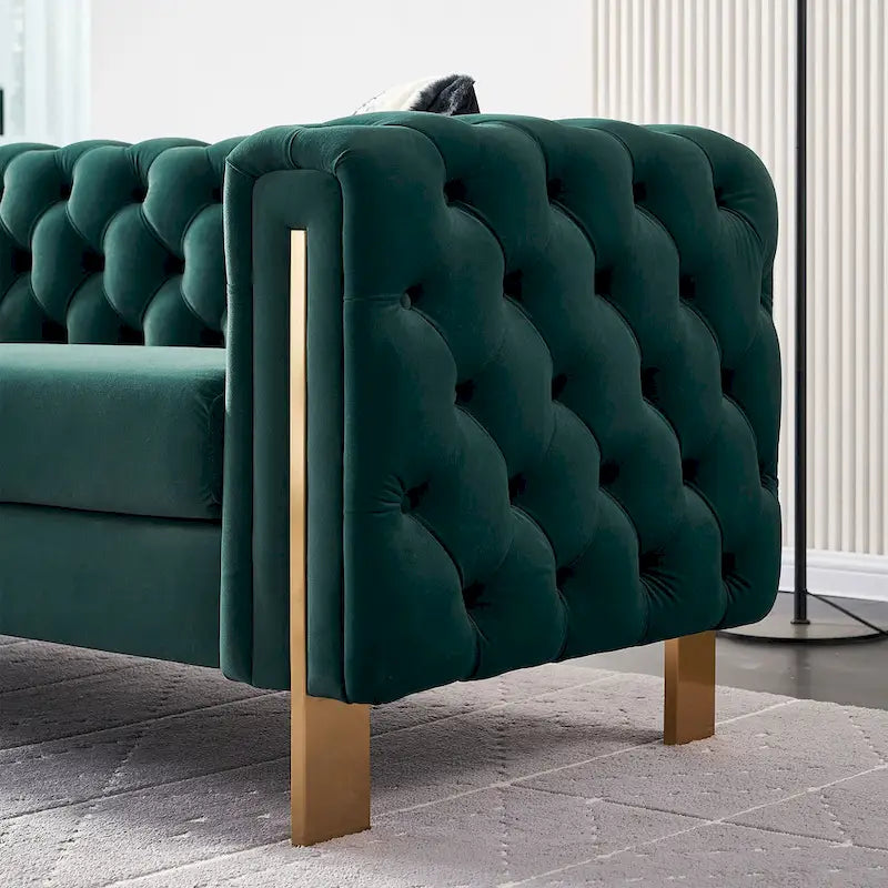 Canapé capitonné en velours rose / noir / vert / beige | Pieds dorés | 3 places