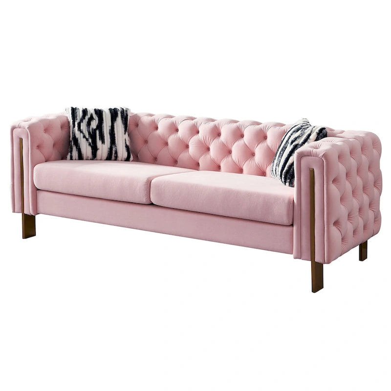 Canapé capitonné en velours rose / noir / vert / beige | Pieds dorés | 3 places
