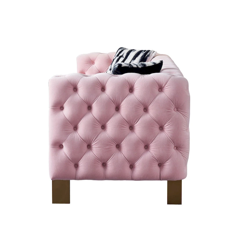 Canapé capitonné en velours rose / noir / vert / beige | Pieds dorés | 3 places