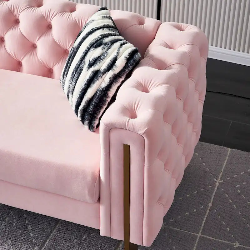 Canapé capitonné en velours rose / noir / vert / beige | Pieds dorés | 3 places