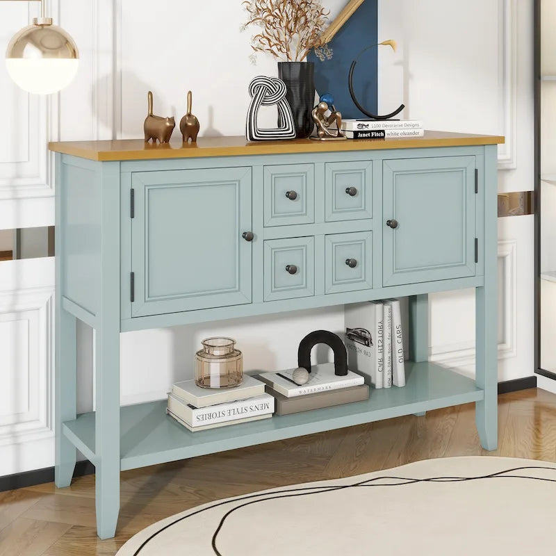 Console avec tiroirs et étagère inférieure, style antique bleu / rétro, pour 1 personne