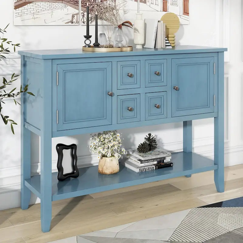 Console avec tiroirs et étagère inférieure, style antique bleu / rétro, pour 1 personne