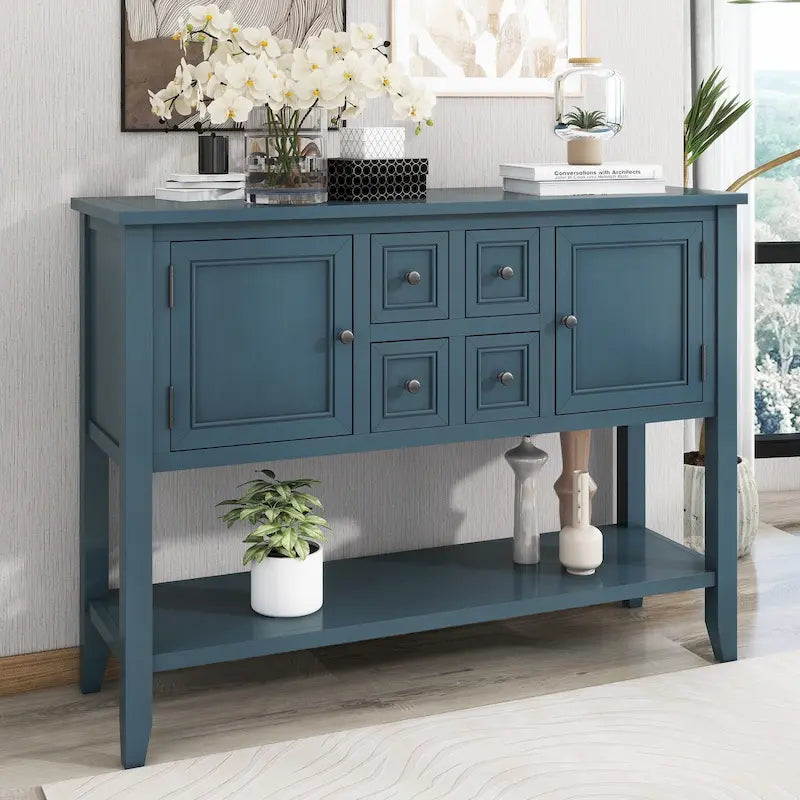 Console avec tiroirs et étagère inférieure, style antique bleu / rétro, pour 1 personne
