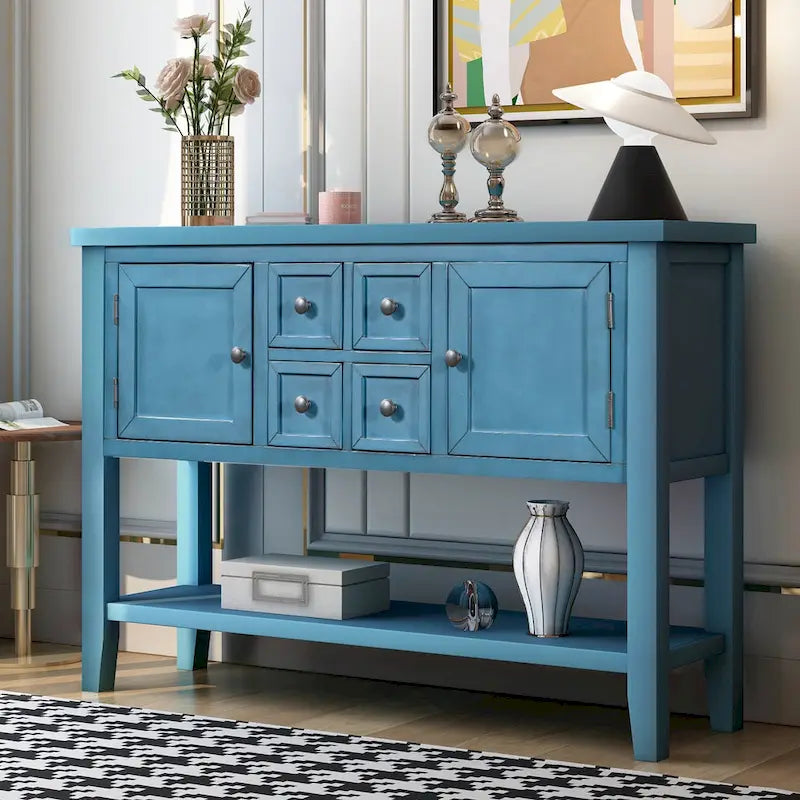 Console avec tiroirs et étagère inférieure, style antique bleu / rétro, pour 1 personne