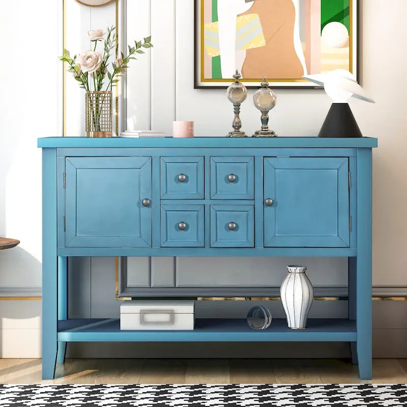 Console avec tiroirs et étagère inférieure, style antique bleu / rétro, pour 1 personne