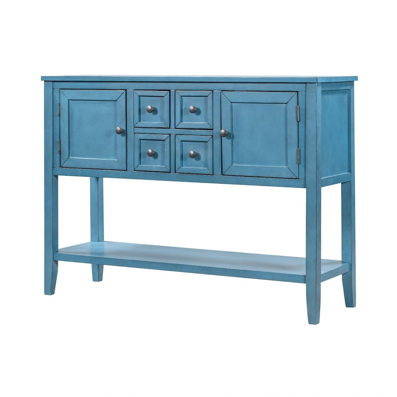 Console avec tiroirs et étagère inférieure, style antique bleu / rétro, pour 1 personne