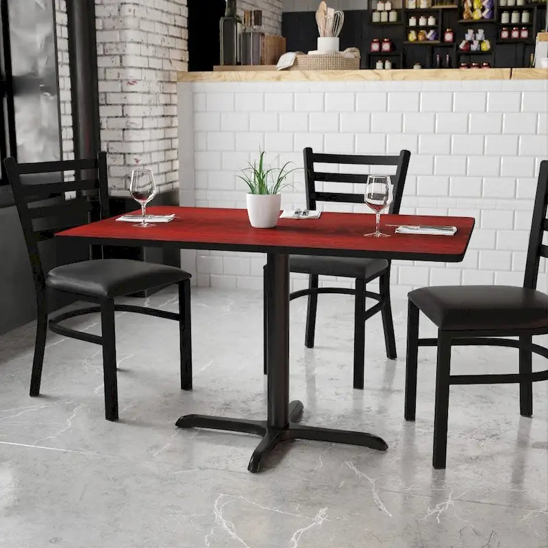 Table rectangulaire en stratifié acajou / noir / naturel / noyer avec piètement en X, 2 places