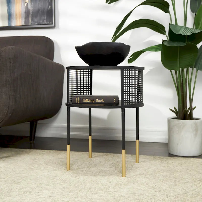 Table d'appoint/basse géométrique en métal noir – Pieds dorés, 1 étagère, pour 1 personne
