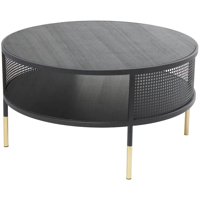 Table d'appoint/basse géométrique en métal noir – Pieds dorés, 1 étagère, pour 1 personne