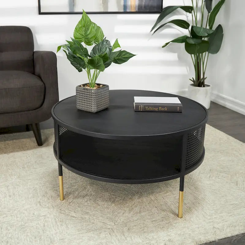 Table d'appoint/basse géométrique en métal noir – Pieds dorés, 1 étagère, pour 1 personne