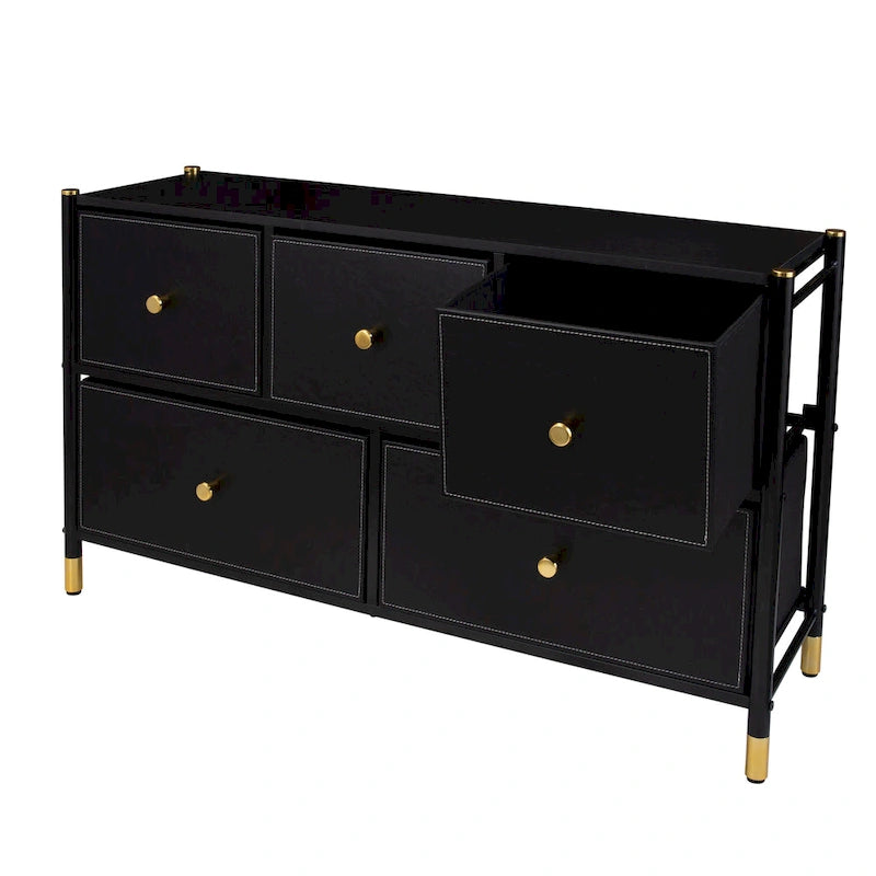 Commode 4 ou 5 tiroirs en simili cuir noir/blanc avec détails dorés