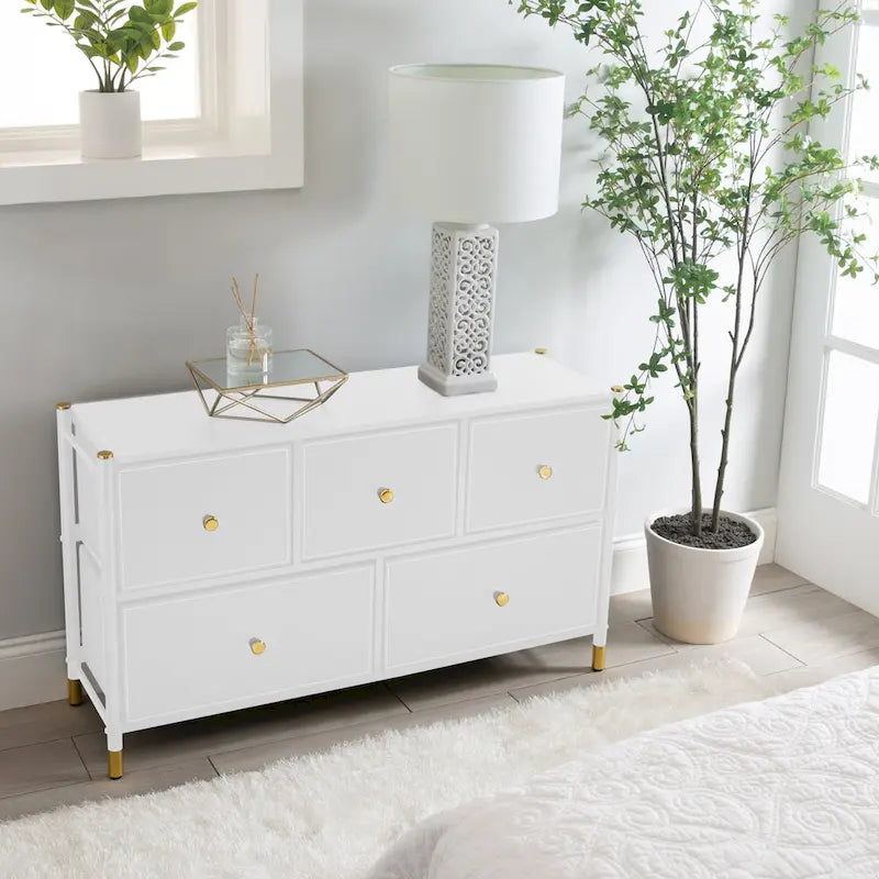 Commode 4 ou 5 tiroirs en simili cuir noir/blanc avec détails dorés
