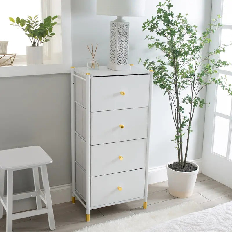Commode 4 ou 5 tiroirs en simili cuir noir/blanc avec détails dorés