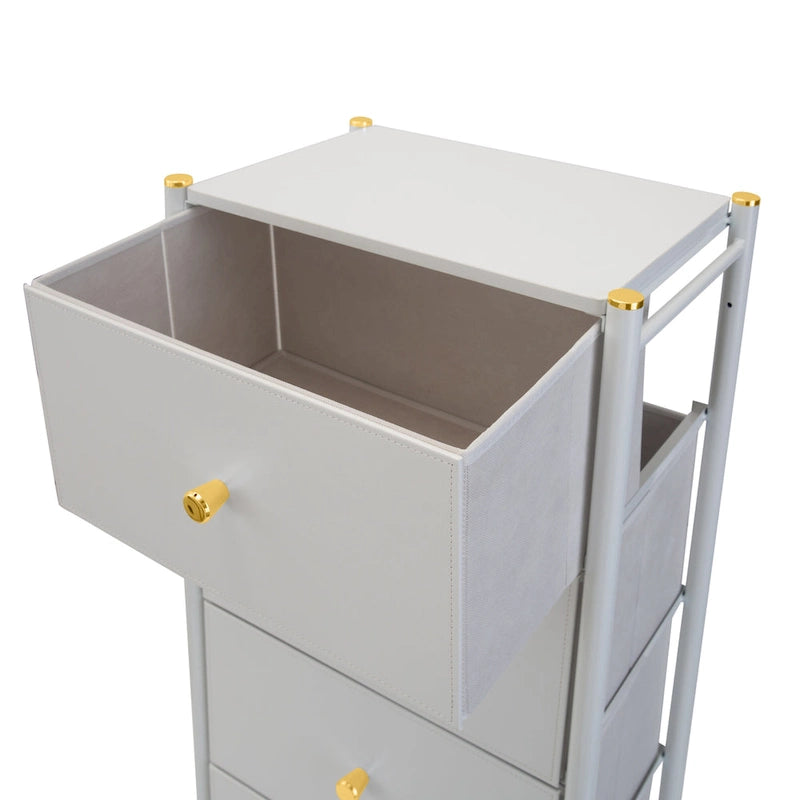 Commode 4 ou 5 tiroirs en simili cuir noir/blanc avec détails dorés