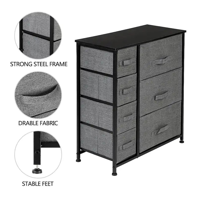 Commode de rangement grise à 7 tiroirs – Cadre en acier, tiroirs en tissu, pour 1 personne