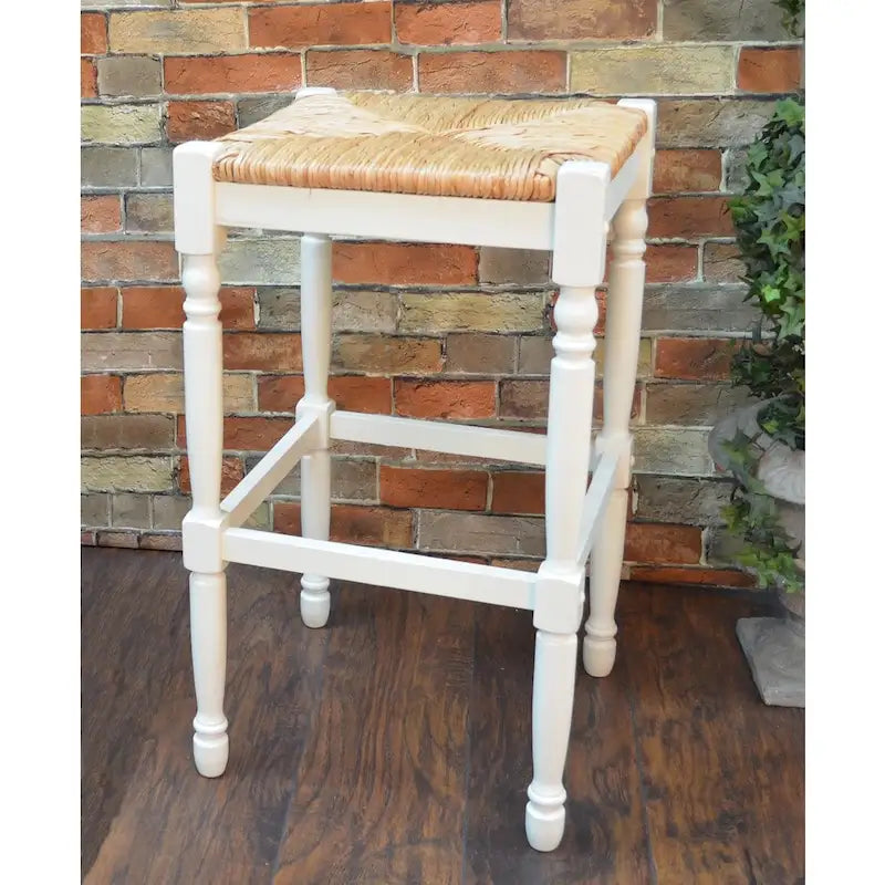 Tabouret de bar à assise paillée, blanc antique, unique