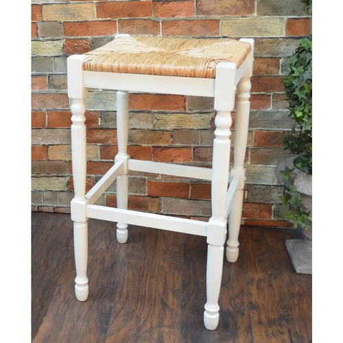 Tabouret de bar à assise paillée, blanc antique, unique