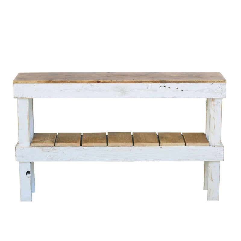 Console 2 niveaux blanche et naturelle, plateau en bois recyclé, 1 personne