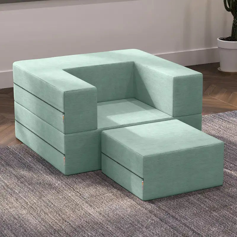 Fauteuil-lit convertible gris avec pouf, 1 personne, lit jumeau