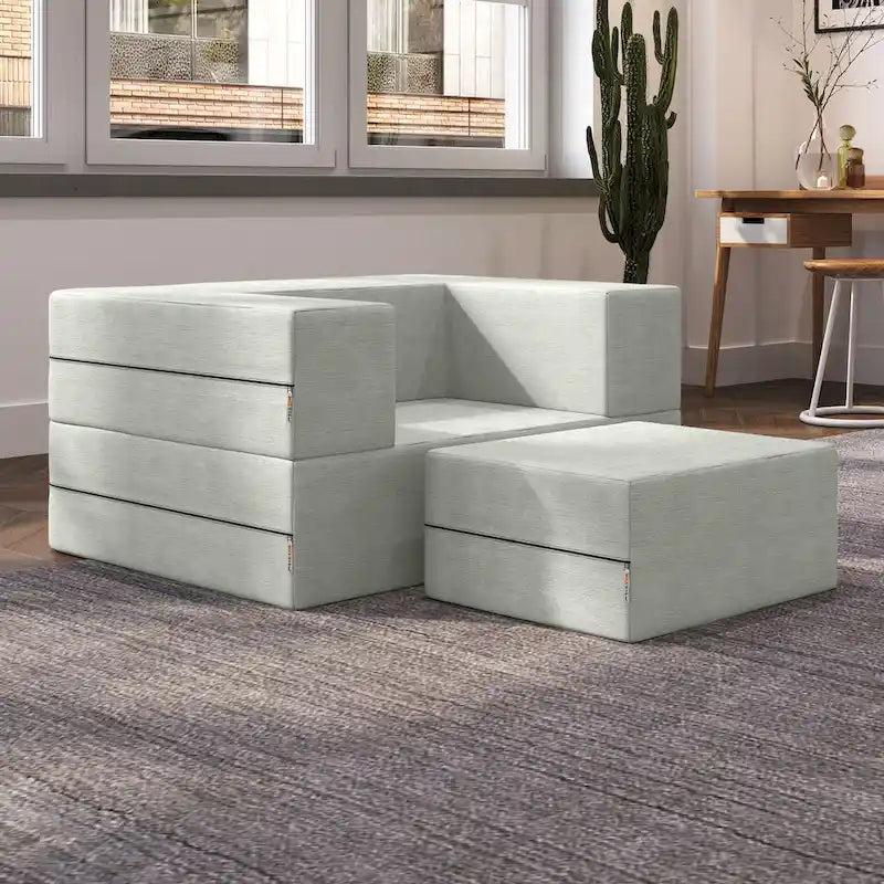 Fauteuil-lit convertible gris avec pouf, 1 personne, lit jumeau