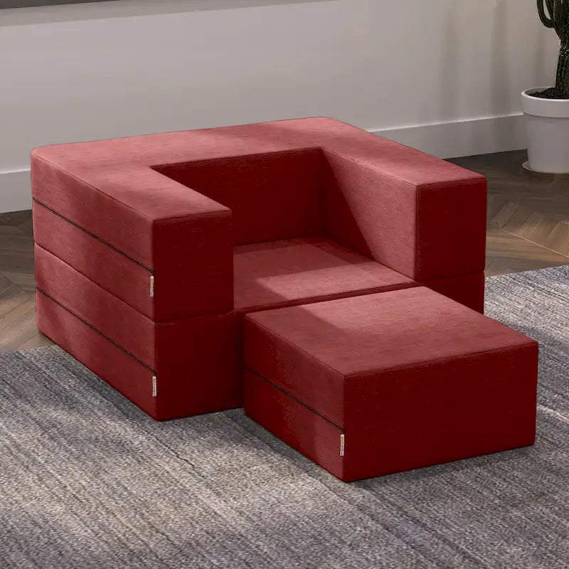 Fauteuil-lit convertible gris avec pouf, 1 personne, lit jumeau