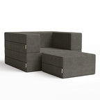 Fauteuil-lit convertible gris avec pouf, 1 personne, lit jumeau