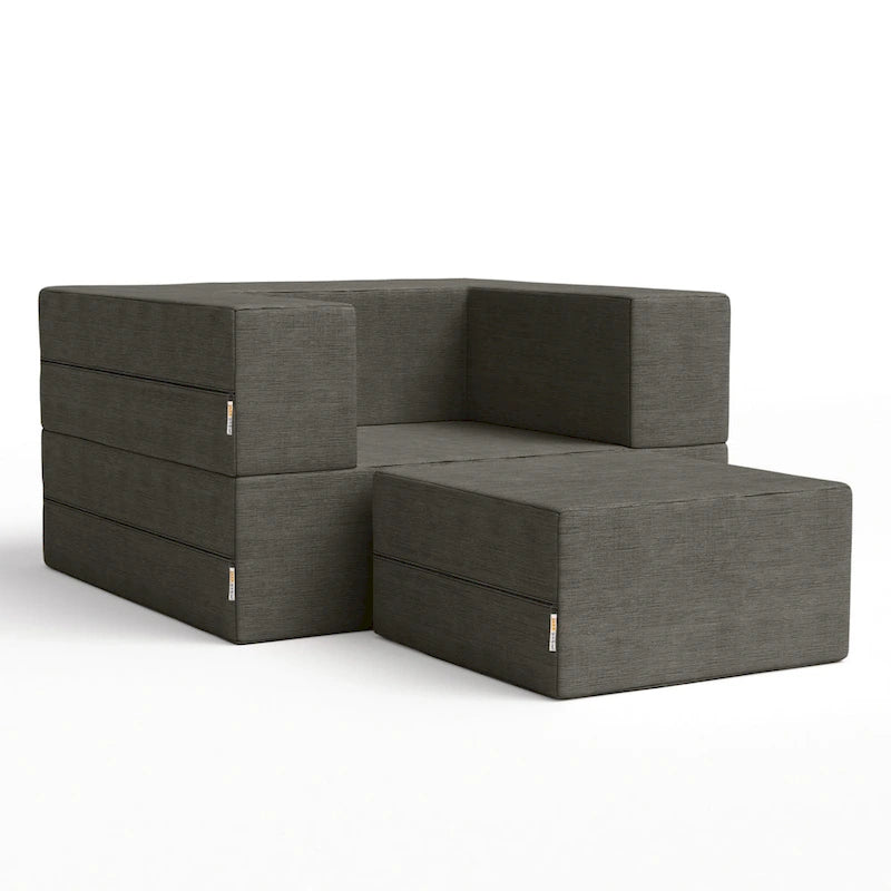 Fauteuil-lit convertible gris avec pouf, 1 personne, lit jumeau