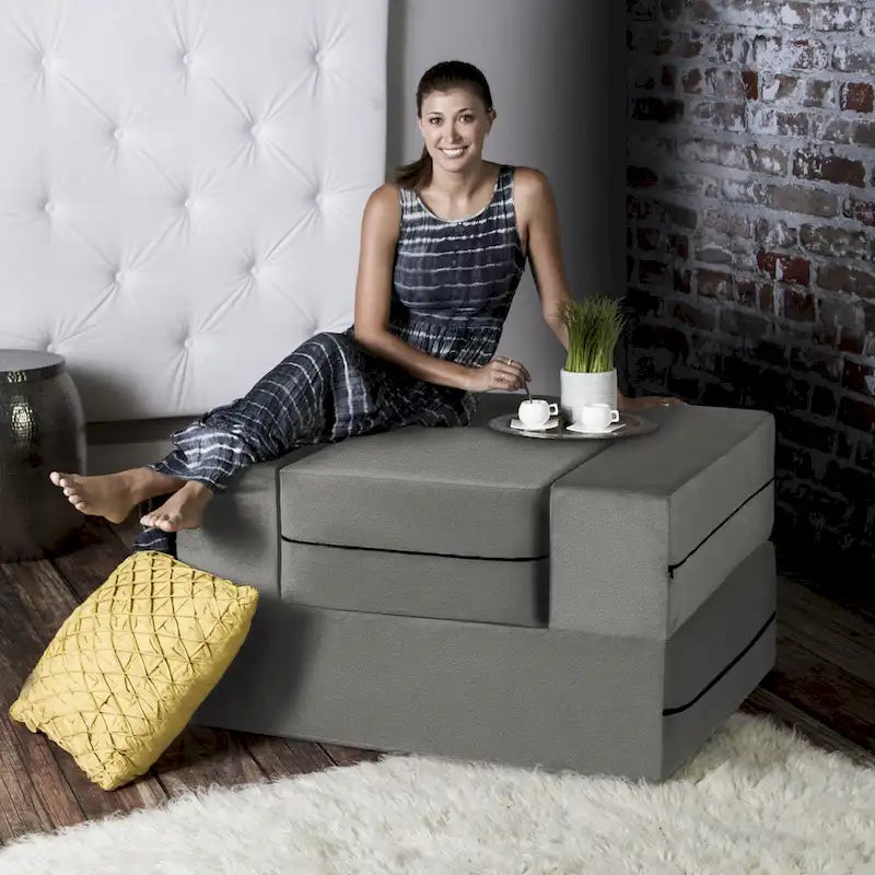 Fauteuil-lit convertible gris avec pouf, 1 personne, lit jumeau