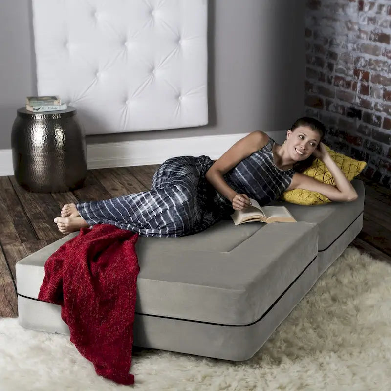 Fauteuil-lit convertible gris avec pouf, 1 personne, lit jumeau