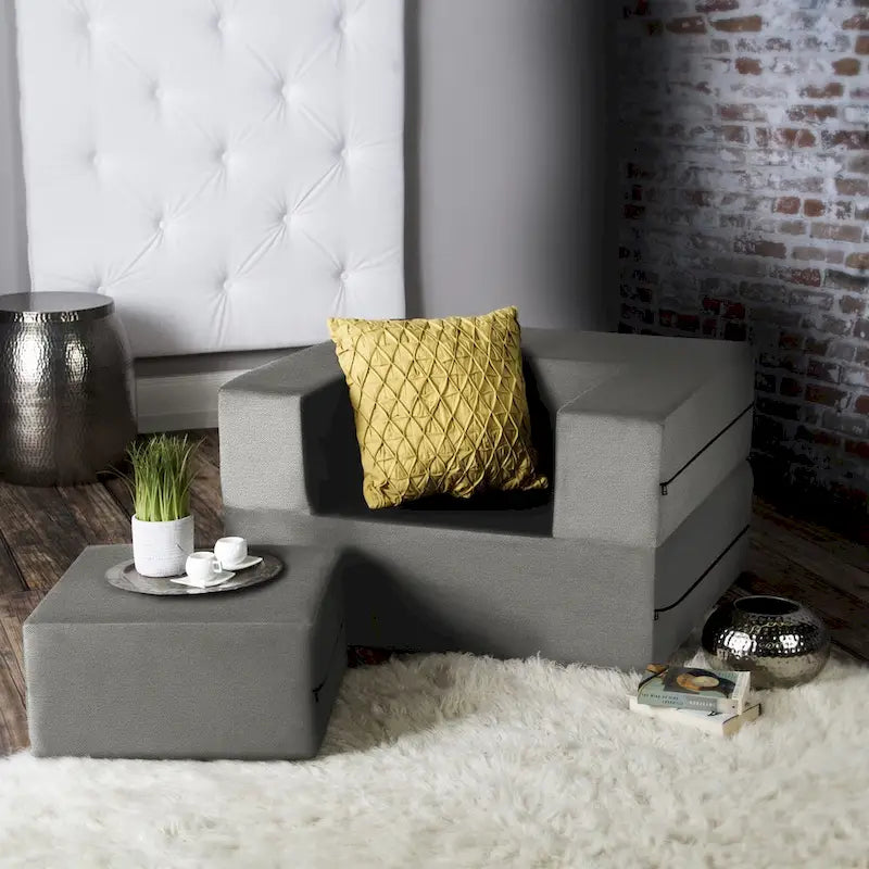Fauteuil-lit convertible gris avec pouf, 1 personne, lit jumeau