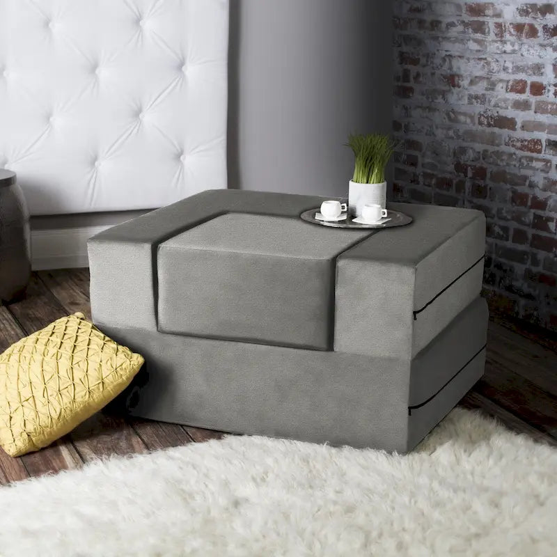 Fauteuil-lit convertible gris avec pouf, 1 personne, lit jumeau