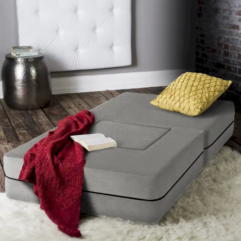 Fauteuil-lit convertible gris avec pouf, 1 personne, lit jumeau